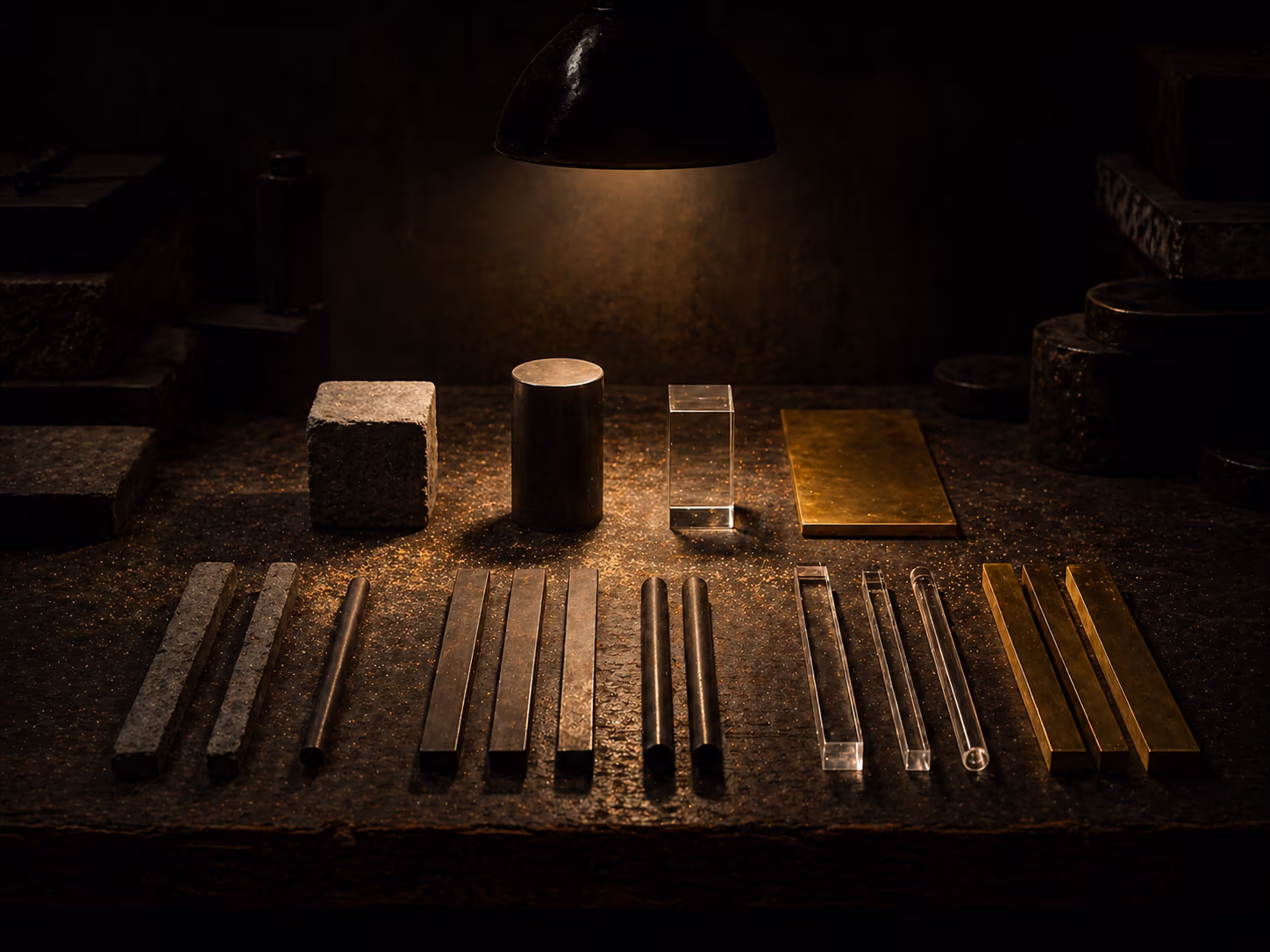 A workbench of raw materials under a single warm pendant light — the disciplined craft of building