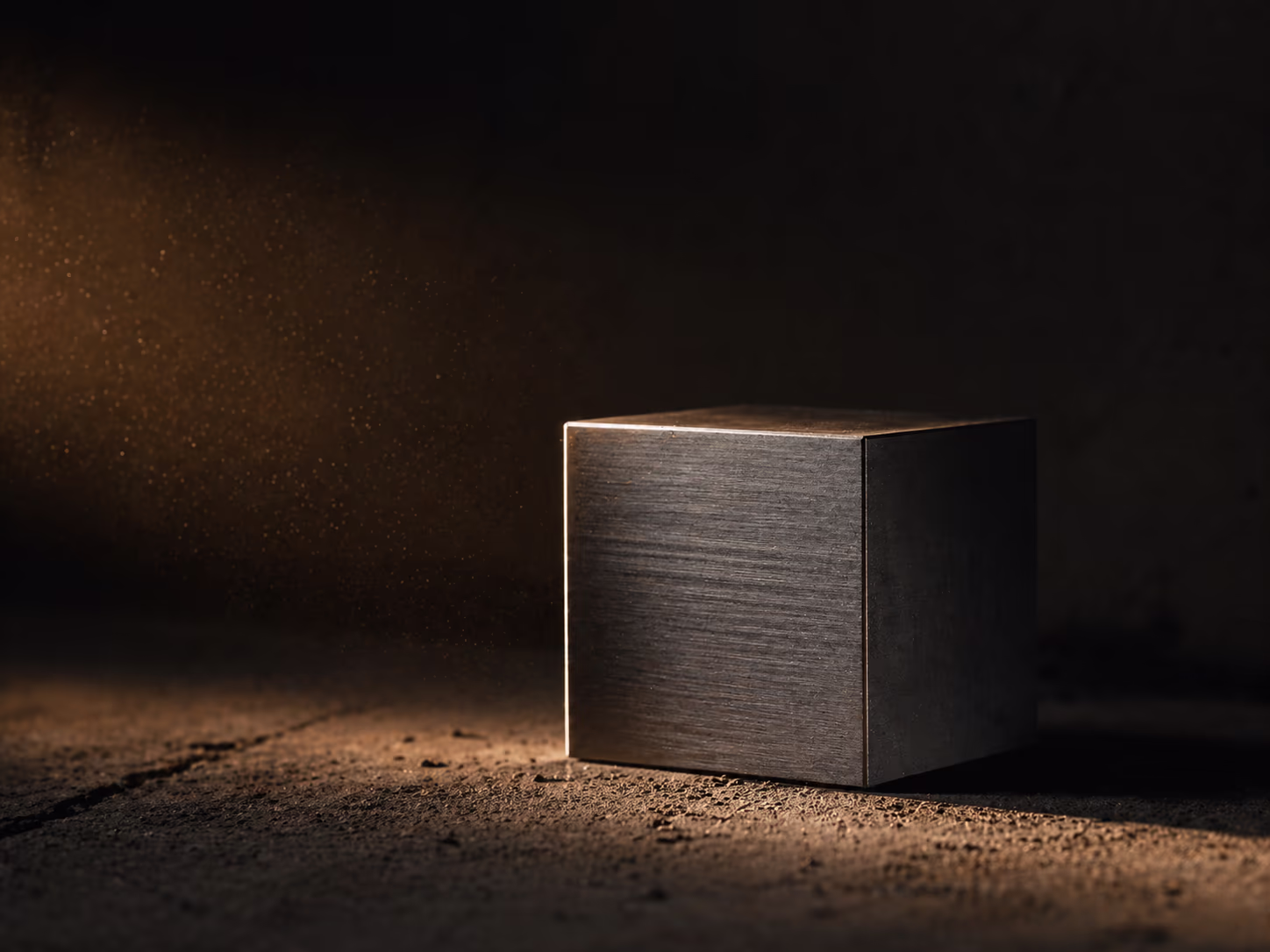 A single brushed-steel cube under a warm raking light — discipline as design