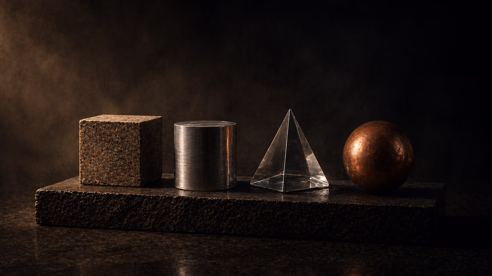 Stone, steel, glass, and copper forms — the four materials of the Samvika ecosystem