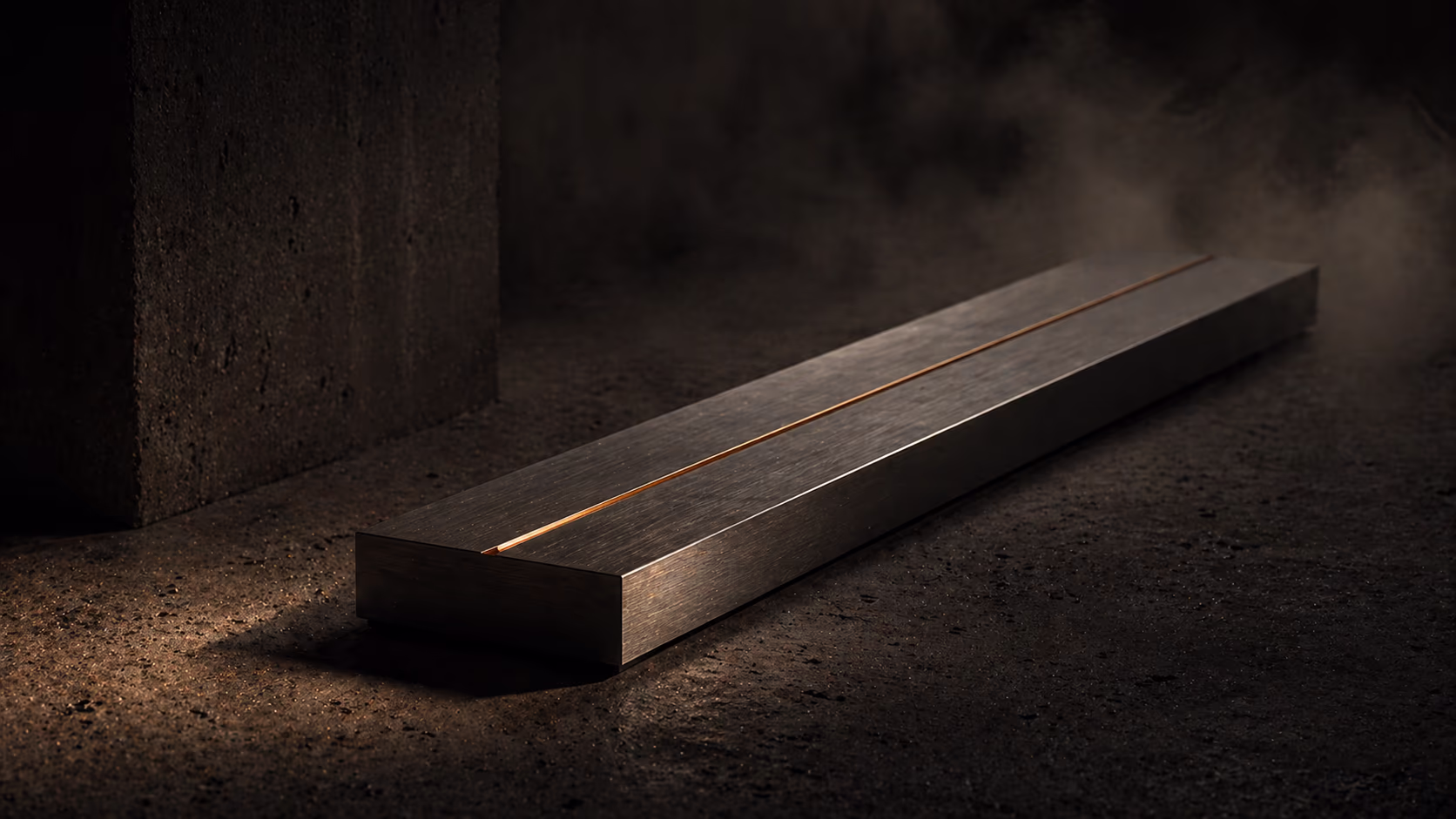 A long brushed-metal slab with a copper inlay, lit from a single low source — quiet sovereignty